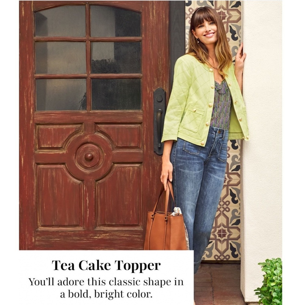 Cabi Tea Cake Topper Quilted Jacket Lime Green Gold Button 6679 Womens Large